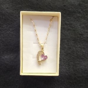 Gold Heart Pendant Necklace with Pink Gemstone